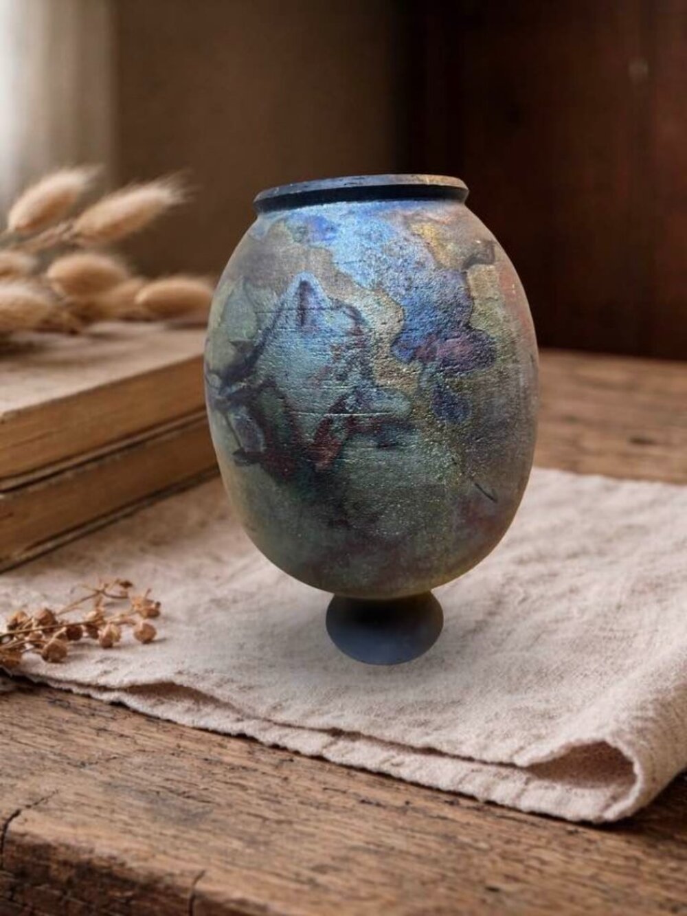 Handcrafted Raku Pottery Vase With Multicolor Iridescent Finish Unique Wabi Sabi - Picture 10 of 13